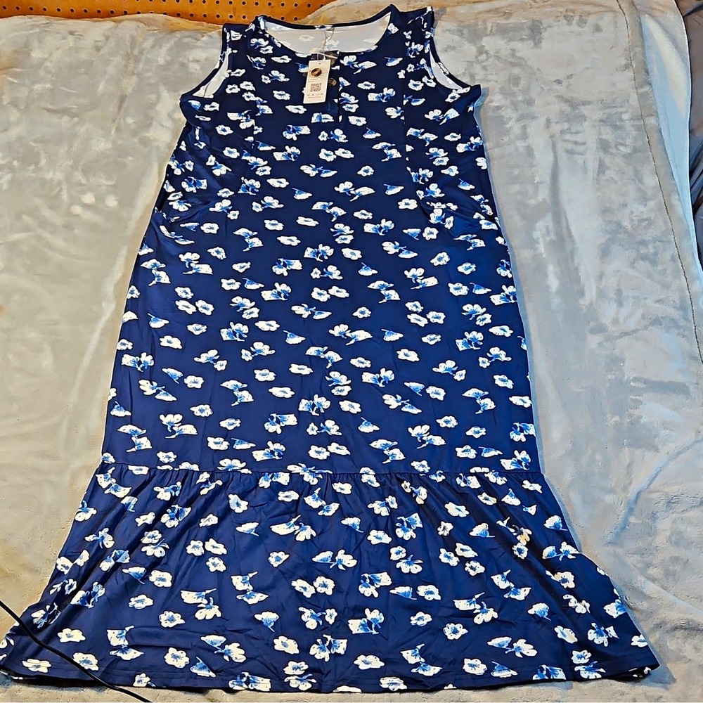 WANEDU Women's Blue/White Floral Maxi Dress Round Neck Button Stretch Size L